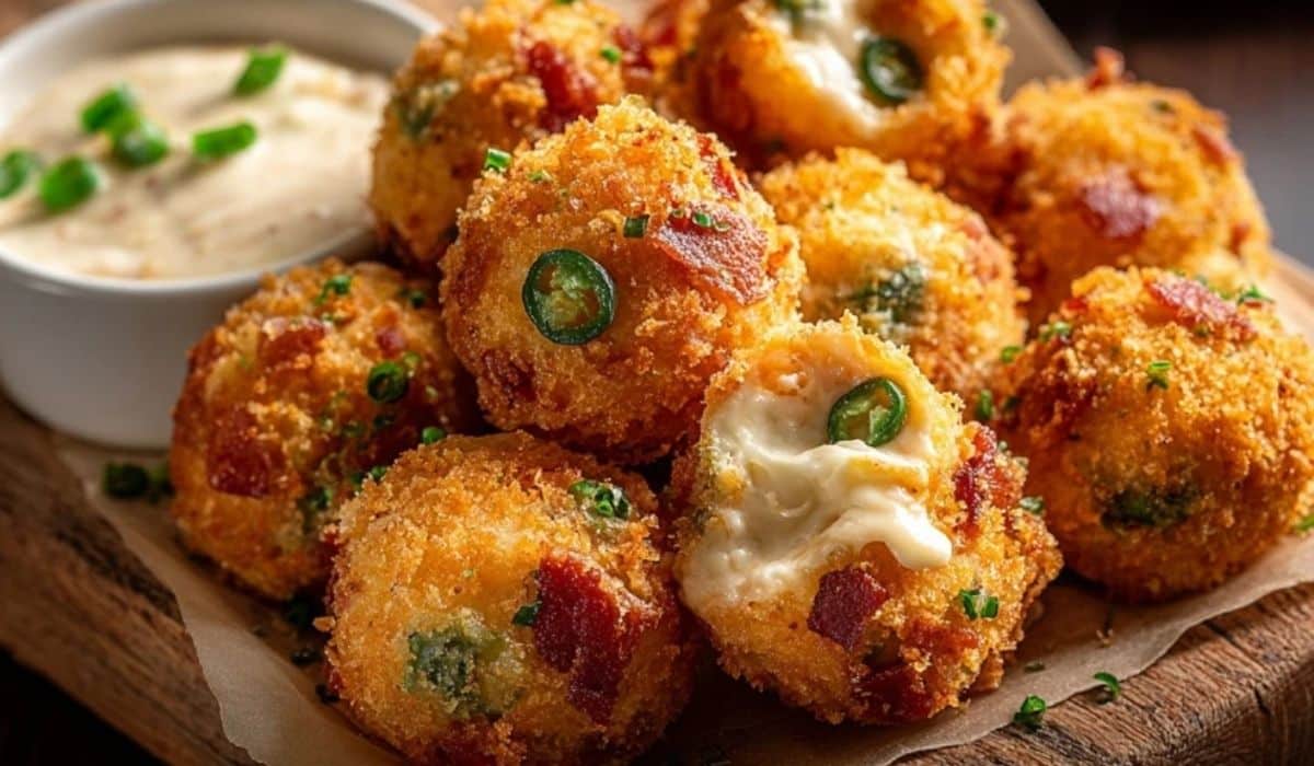 Bacon Jalapeño Popper Cheese Balls served with dipping sauce