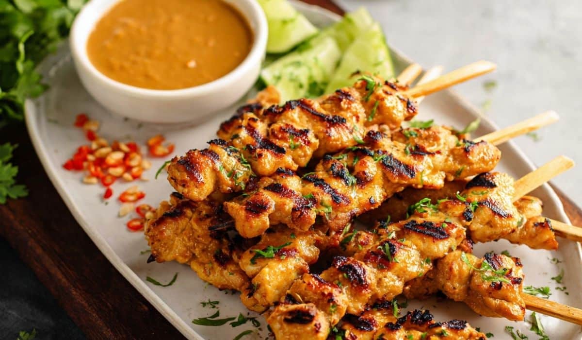 Chicken Satay with Peanut Sauce served with spicy peanut dip and cucumbers