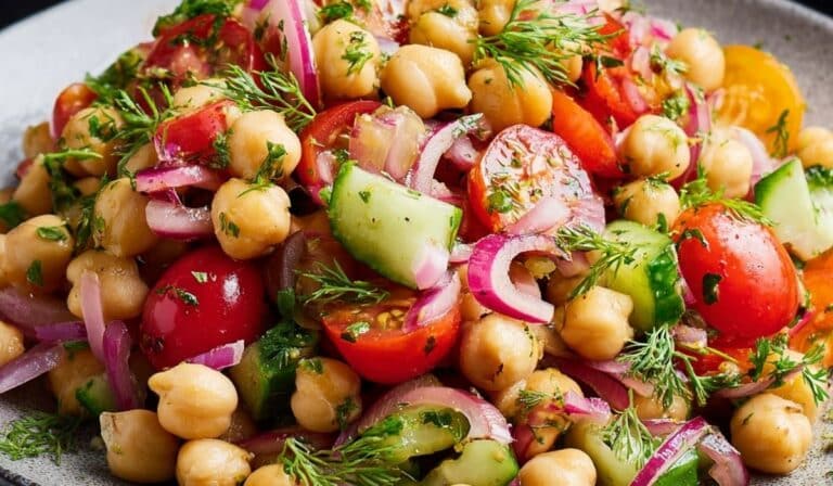 Fresh chickpea salad with tomatoes, cucumbers, red onion, and parsley