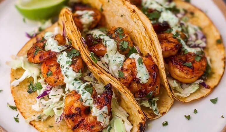Cilantro Lime Shrimp Tacos with creamy slaw in crispy tortillas