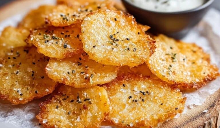 Crispy baked Cottage Cheese Chips on a wooden plate with dipping sauce