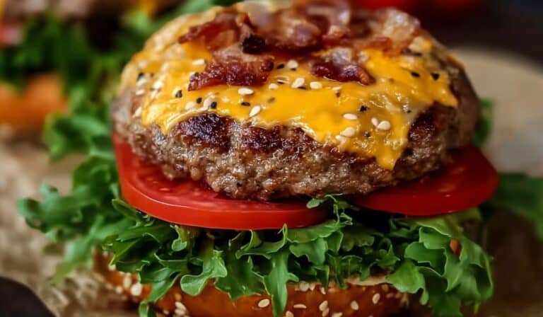 Crack Burgers with crispy bacon and cheddar cheese on a sesame bun