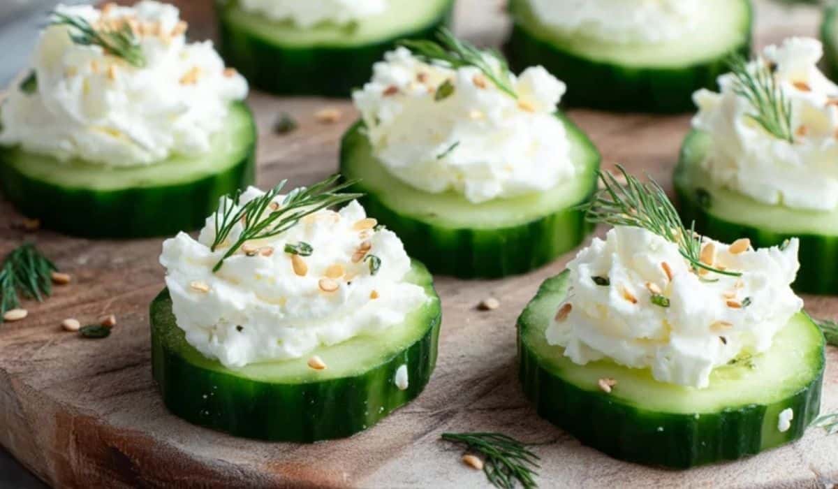 Cucumber Cream Cheese Bites served with whipped herbed topping