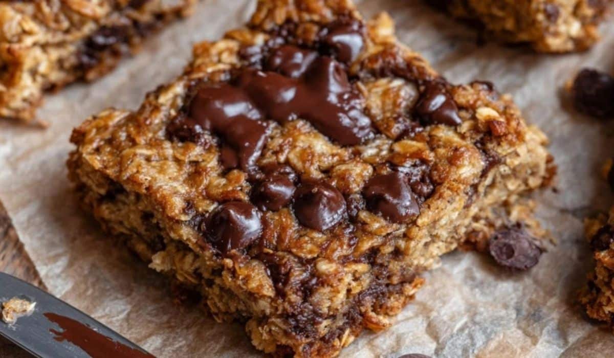 Moist banana oatmeal bars topped with melted chocolate chips