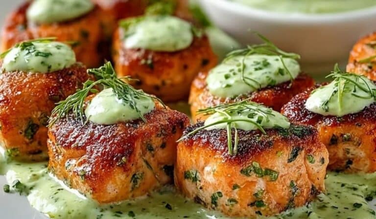 Crispy salmon bites with sauce on white plate, garnished with fresh herbs