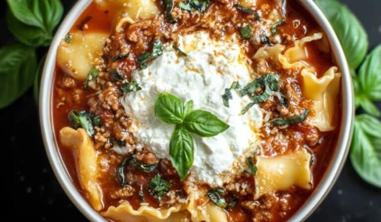 Crockpot Lasagna Soup topped with ricotta and basil in a white bowl