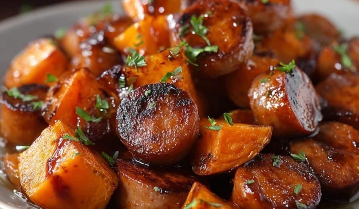 Sausage and sweet potatoes with honey garlic sauce served on a plate