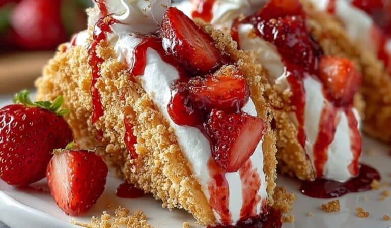 Featured image of Strawberry Crunch Cheesecake Tacos with cream filling and fresh strawberries