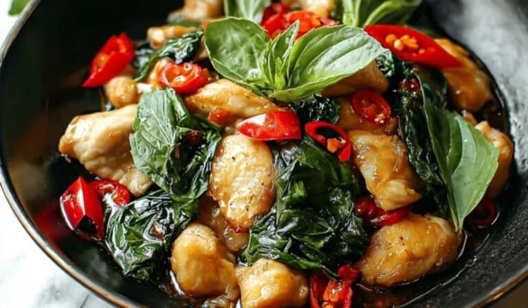 Thai basil chicken stir-fry with fresh basil leaves and red chilies