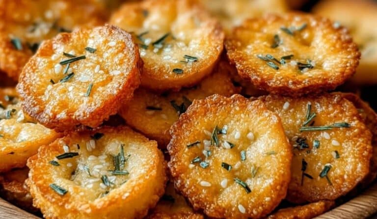 Garlic Bread Ritz Bits stacked and topped with herbs and Parmesan