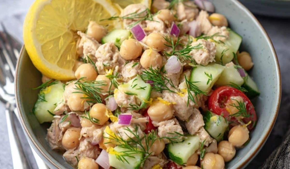 Healthy Tuna Garbanzo Bean Salad with lemon, chickpeas, and fresh dill
