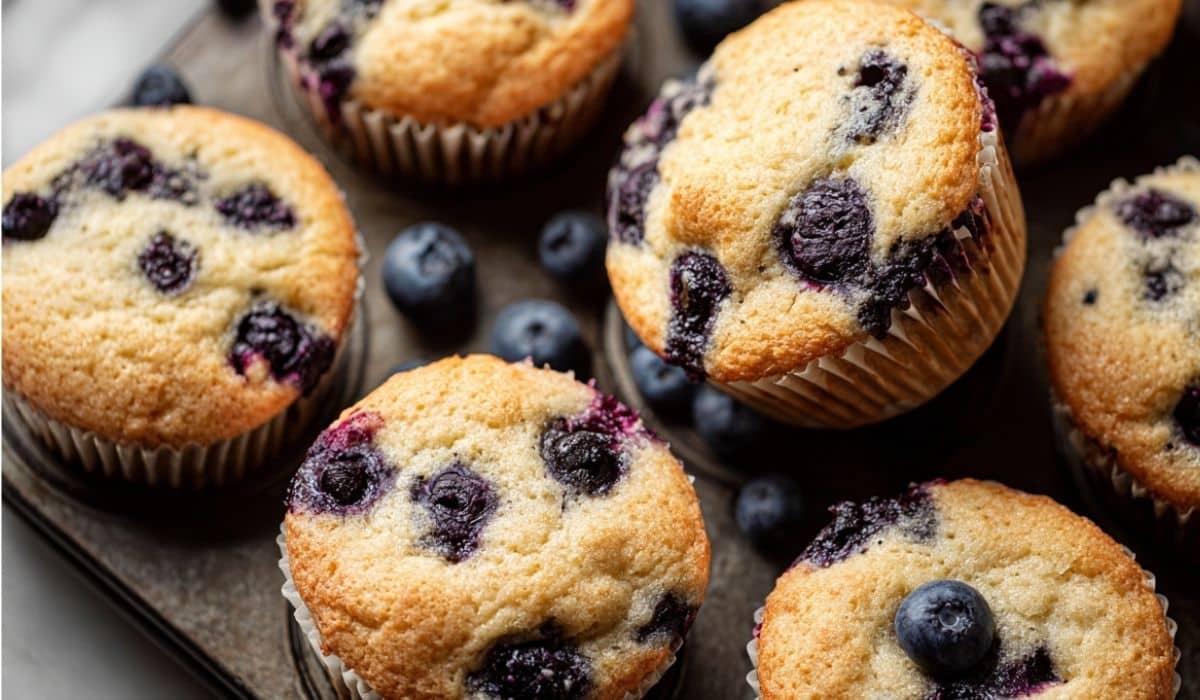 Homemade Blueberry Protein Muffins fresh out of the oven on a tray