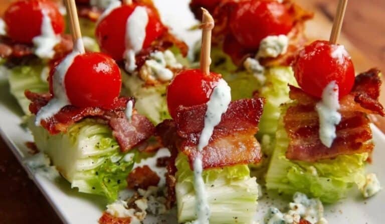 Lettuce Wedge Bites with cherry tomatoes, bacon, and blue cheese on skewers