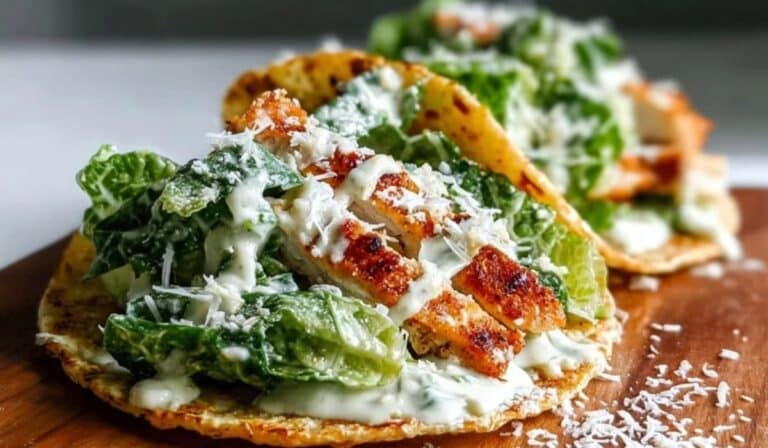 Smash Chicken Caesar Tacos with creamy Caesar dressing and Parmesan