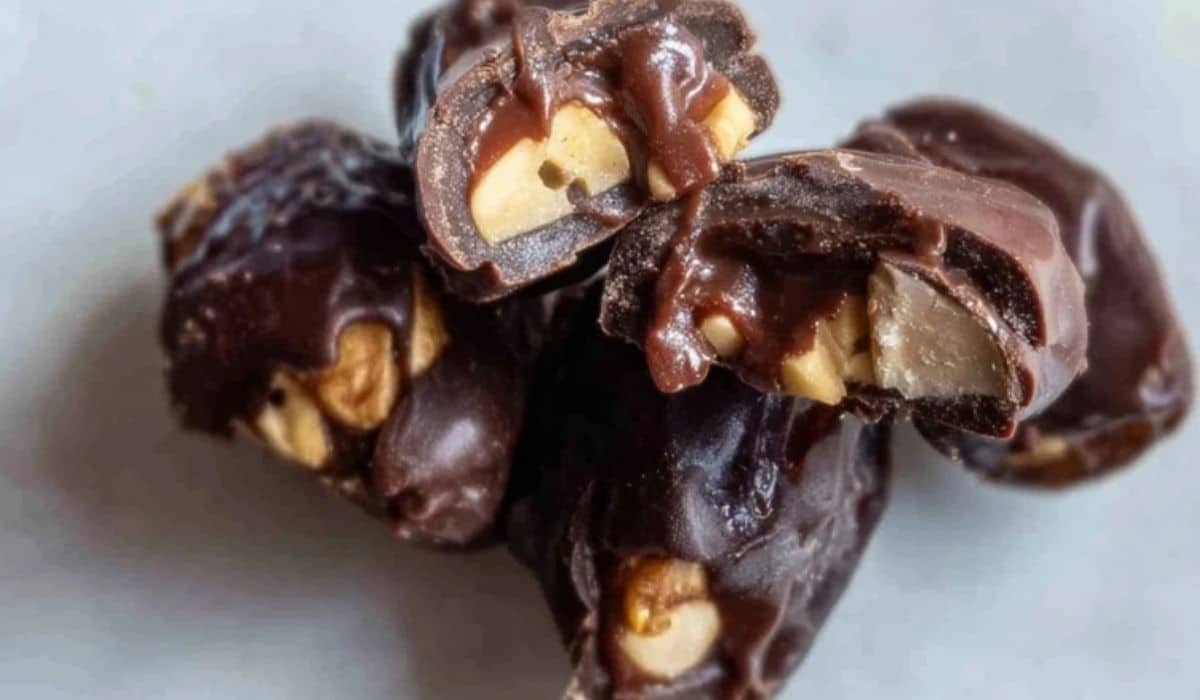 3-ingredient date Snickers stuffed with peanuts and coated in chocolate.
