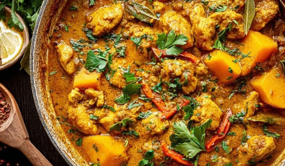 Chicken Sweet Potato Curry with golden chunks and fresh herbs in a creamy curry sauce