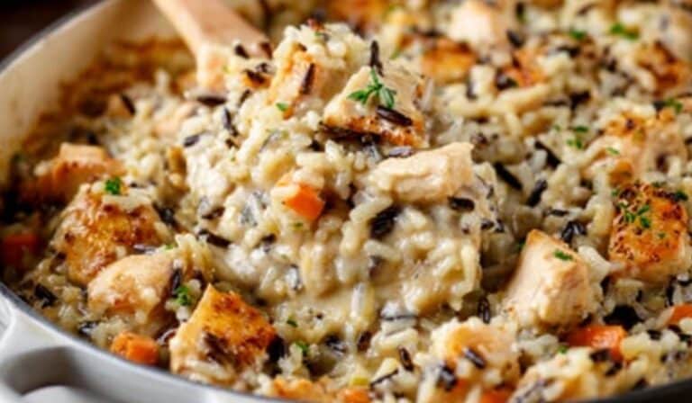 Chicken Wild Rice Casserole served hot in a white casserole dish with creamy texture and chunks of chicken