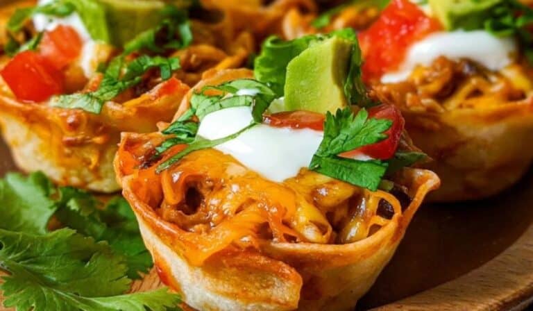 Mini enchilada cups baked in tortilla shells with cheese, sour cream, and cilantro.