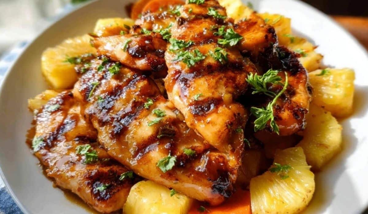 Brown Sugar Pineapple Chicken served with grilled pineapple slices and garnished with parsley