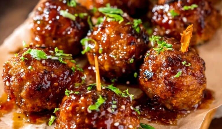 Spicy firecracker chicken meatballs glazed with sticky sauce and garnished with fresh herbs.