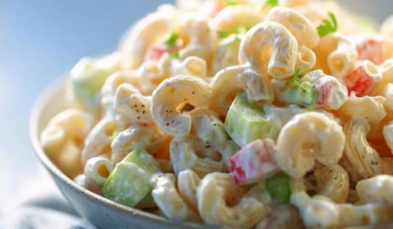 Creamy Gordon Ramsay Macaroni Salad with celery and red peppers in a white bowl