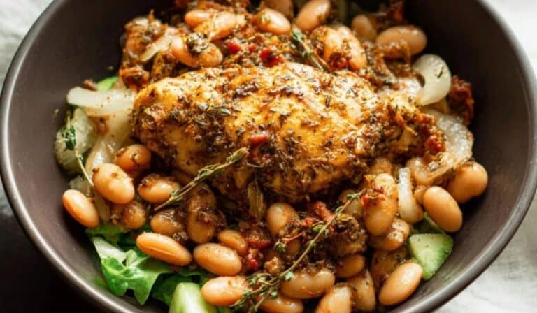 Herbed Chicken With Cannellini Beans in a rustic bowl with herbs