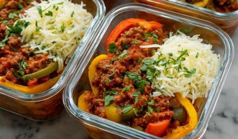 Meal Prep Unstuffed Pepper Bowls with ground turkey and rice in glass containers