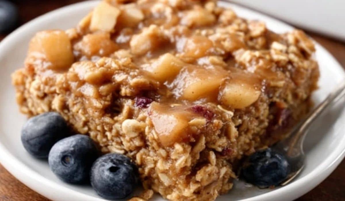 Wholesome baked oatmeal with applesauce topped with diced apples and blueberries