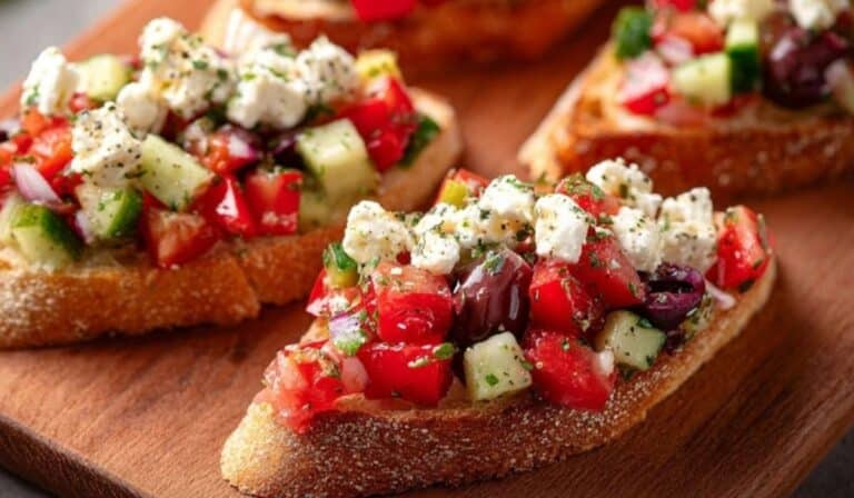 Greek Bruschetta with feta, olives, cucumber, and tomatoes on crusty bread