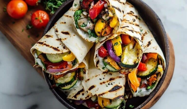 Grilled Veggie Wraps filled with colorful grilled vegetables and hummus