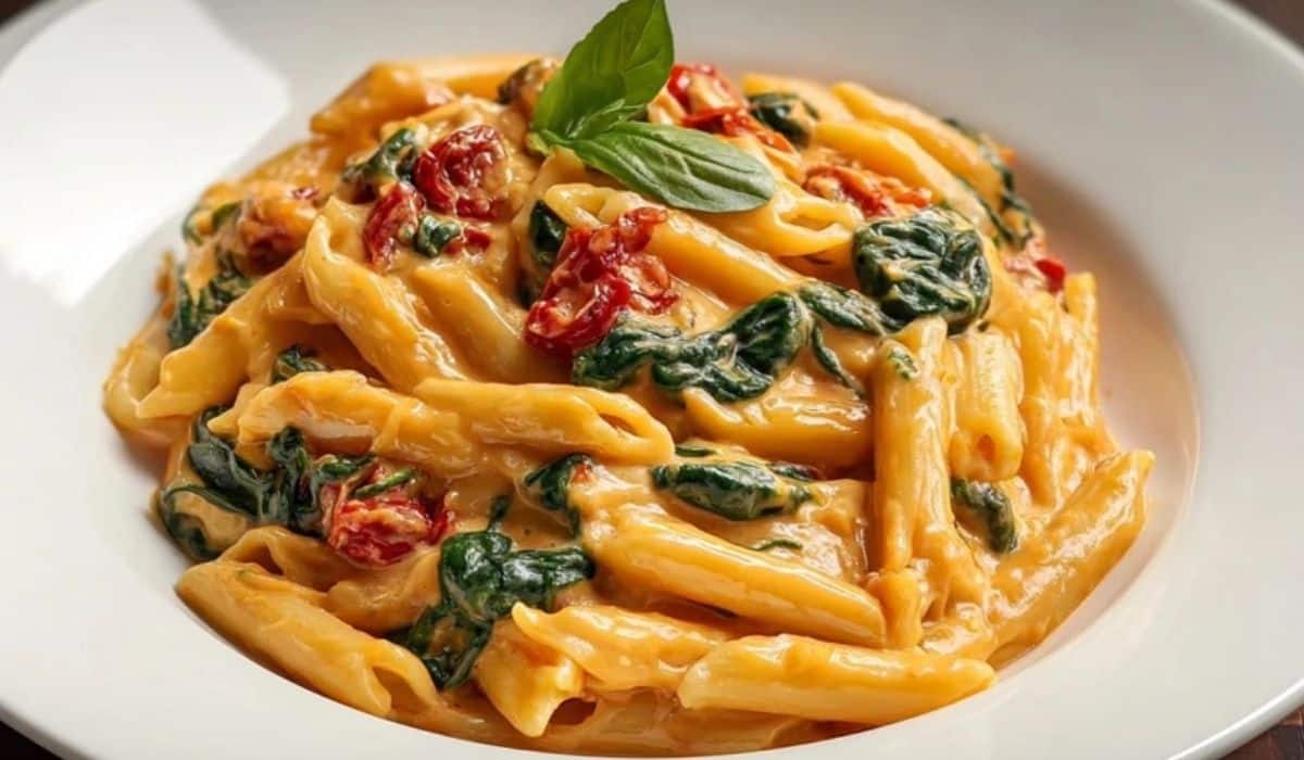 One-Pot Spinach Tomato Pasta with creamy sauce and fresh basil