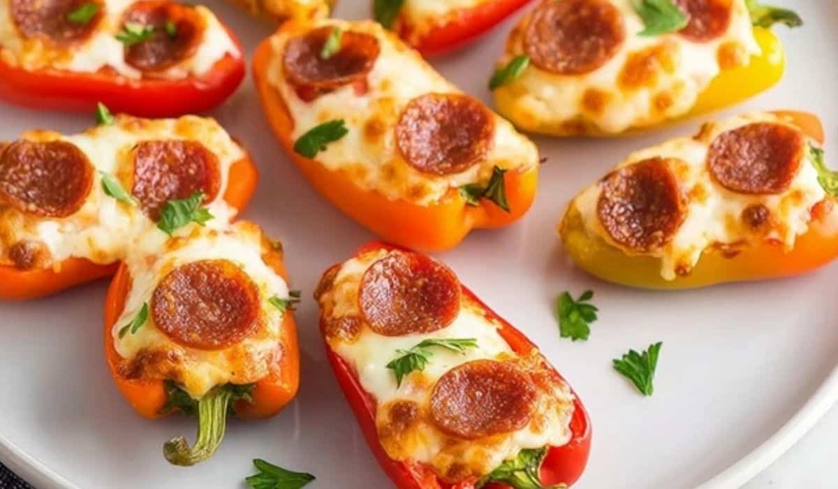 Pizza Stuffed Mini Peppers with melted cheese and pepperoni