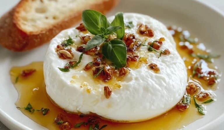 Simple Burrata Appetizer with Honey served with toasted bread and crushed walnuts