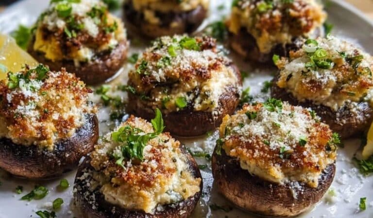 Stuffed mushrooms with crispy parmesan topping served on a white plate