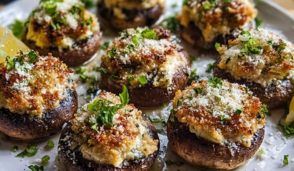 Stuffed mushrooms with crispy parmesan topping served on a white plate