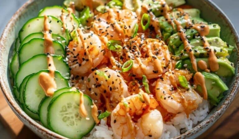 Yum Yum Sushi Bowl with shrimp, avocado, cucumber, rice, and spicy mayo drizzle