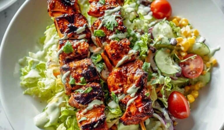BBQ Chicken Skewer Salad served over fresh lettuce, corn, tomatoes, and creamy dressing