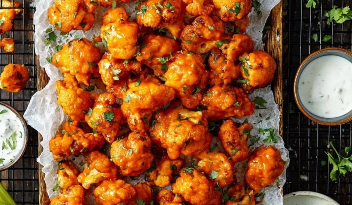 Crispy Buffalo Cauliflower Wings served with ranch dip and celery