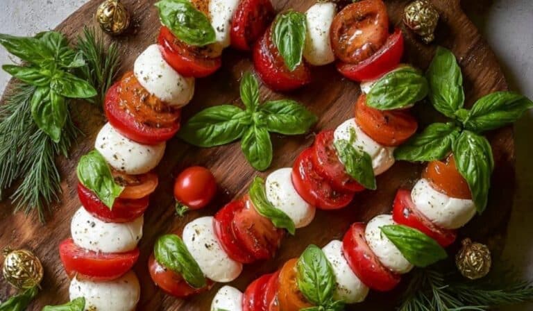 Candy Cane Caprese Board with mozzarella, tomatoes, and basil on wooden board
