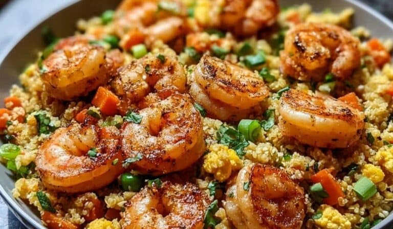 Cauliflower Fried Rice with Shrimp in a skillet with golden seared shrimp