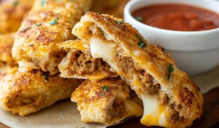 Cheesy Taco Sticks with beef and melted cheese served with dipping sauce