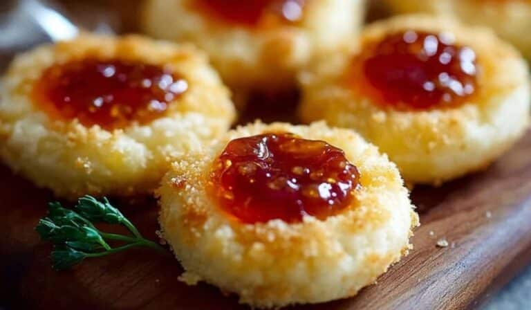 Cheesy Thumbprint Appetizers with Hot Pepper Jelly served on a wooden platter