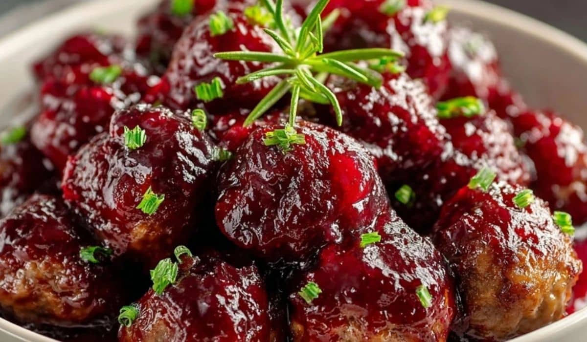 Christmas Cranberry Meatballs in a rich cranberry glaze garnished with fresh rosemary and parsley