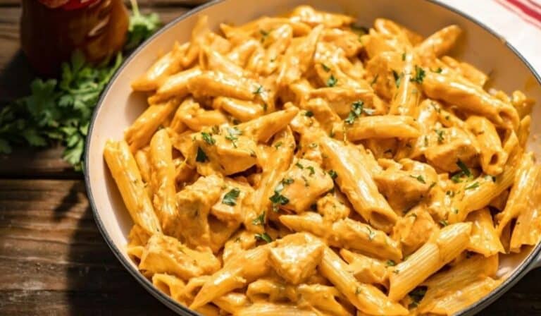 Easy Buffalo Chicken Alfredo in skillet topped with parsley