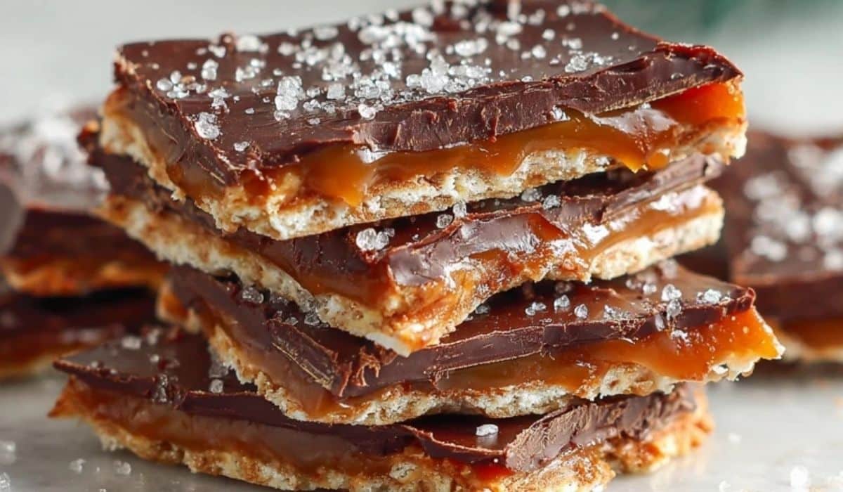 Easy Saltine Candy Delight stacked with caramel and chocolate, sprinkled with sea salt