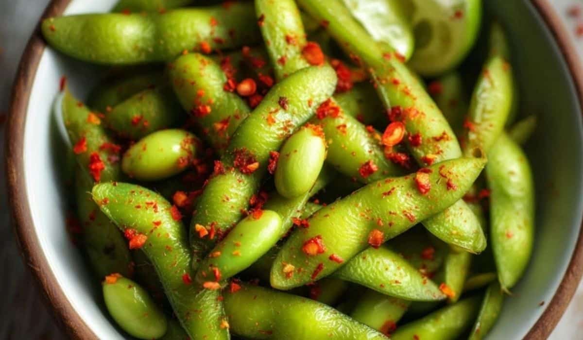 Edamame With Chili Lime Seasoning served in a bowl with lime wedges