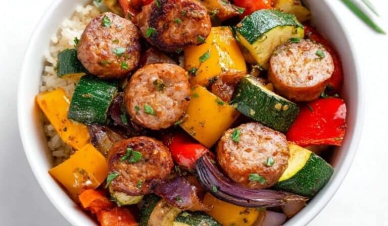 Air Fryer Chicken Sausage and Veggies served over brown rice in a white bowl