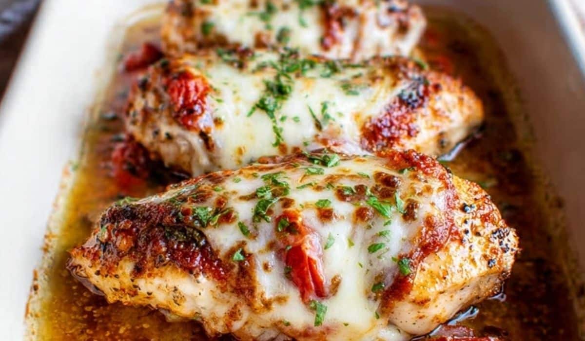 Baked Chicken Breast with Mozzarella Cheese in a white baking dish