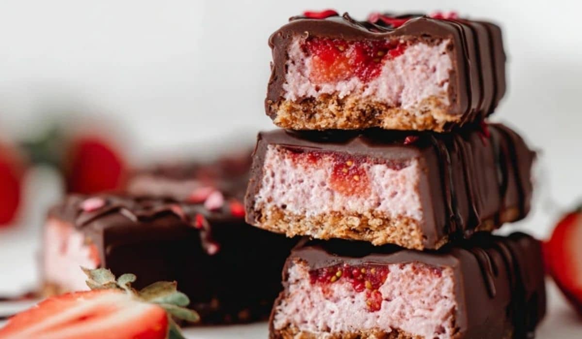 Chocolate Covered Strawberry Bars stacked with rich dark chocolate topping and fresh strawberry filling