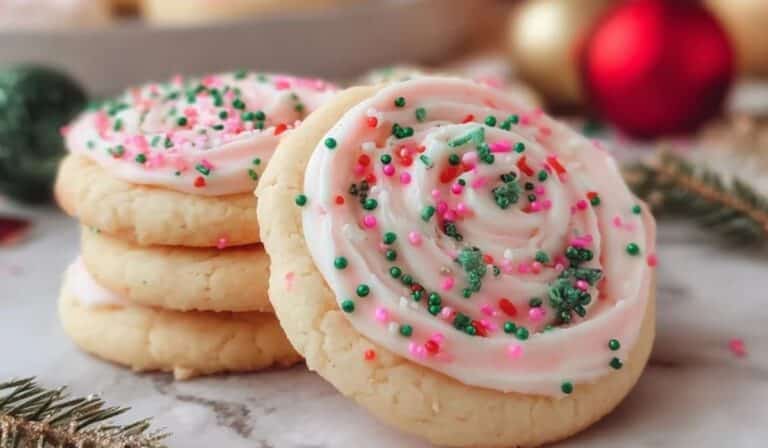 Crumbl Christmas Sugar Cookies stacked with white frosting and holiday sprinkles